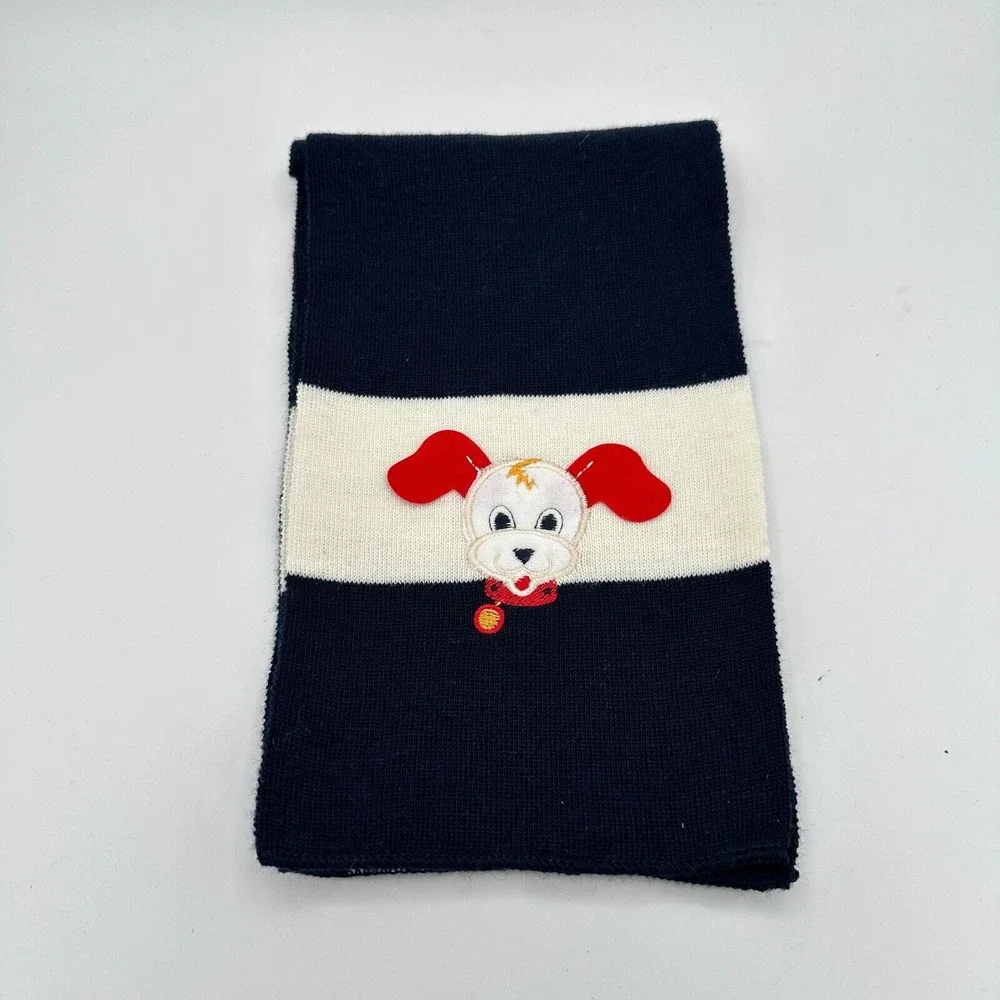 VTG Astro Campagnolo Scarf Kids Wool Blend‎ Blue White Stripe Embroidered Dog